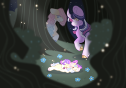 Size: 2388x1668 | Tagged: safe, artist:pixiesimm, derpibooru import, fluttershy, twilight sparkle, twilight sparkle (alicorn), oc, alicorn, pony, unicorn, female, filly, foal, tree