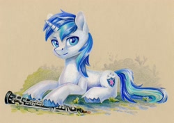 Size: 1415x1000 | Tagged: safe, artist:maytee, derpibooru import, shining armor, pony, unicorn, looking at you, lying down, male, musical instrument, oboe, prone, solo, stallion, traditional art, unshorn fetlocks