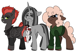 Size: 2515x1735 | Tagged: safe, artist:brainiac, derpibooru import, oc, oc only, oc:blackjack, oc:cinder blaze, oc:somber, oc:uncharted pages, earth pony, pegasus, pony, unicorn, fallout equestria, fallout equestria: project horizons, 2024 community collab, clothed ponies, concave belly, derpibooru community collaboration, female, mare, plushie, simple background, transparent background