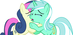 Size: 1295x617 | Tagged: safe, artist:stephen-fisher, derpibooru import, bon bon, lyra heartstrings, sweetie drops, earth pony, pony, unicorn, g4, crying, female, lesbian, lyrabon, shipping, simple background, transparent background