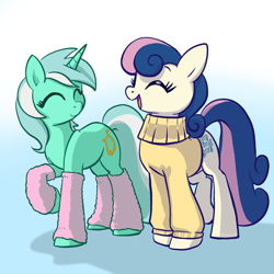 Size: 2048x2048 | Tagged: safe, artist:pfeffaroo, derpibooru import, bon bon, lyra heartstrings, sweetie drops, earth pony, pony, unicorn, g4, clothes, duo, eyes closed, female, gradient background, happy, high res, horn, leg warmers, lesbian, lyrabon, open mouth, raised hoof, raised leg, shipping, smiling, sweater