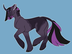 Size: 3400x2550 | Tagged: safe, artist:kitschykricket, derpibooru import, oc, oc only, pony, blue background, curved horn, horn, male, parent:king sombra, parent:rarity, simple background, solo, stallion