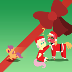 Size: 2160x2160 | Tagged: safe, anonymous artist, derpibooru import, big macintosh, fluttershy, scootaloo, earth pony, pegasus, pony, series:fm holidays, series:hearth's warming advent calendar 2023, g4, advent calendar, alternate hairstyle, beard, christmas, clothes, colonel sanders, confused, cosplay, costume, dress, facial hair, fake beard, female, filly, fluttermac, foal, glasses, hat, high res, holiday, lineless, male, mare, meme, moustache, pointy ponies, question mark, running, santa costume, santa hat, scared, scootachicken, shipping, short mane, sitting, stallion, straight, trio