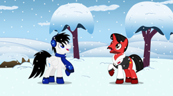 Size: 8000x4434 | Tagged: safe, artist:mickey1909, derpibooru import, oc, oc only, oc:mickey motion, oc:shane park, pegasus, pony, unicorn, clothes, earmuffs, male, scarf, snow, snowfall, tree, winter, winter outfit