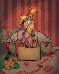 Size: 2400x3000 | Tagged: safe, artist:double-zr-tap, derpibooru import, derpy hooves, pegasus, pony, g4, box, christmas, christmas lights, christmas ornament, christmas star, christmas tree, christmas tree star, commission, cute, decoration, derpabetes, female, grin, holiday, mare, plushie, pony in a box, present, ribbon, sitting, smiling, solo, spread wings, teddy bear, tree, wings