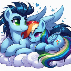 Size: 1024x1024 | Tagged: safe, ai content, derpibooru import, generator:bing image creator, machine learning generated, rainbow dash, soarin', g4, cloud, female, lying down, male, prompter:*rainbow dash*, shipping, simple background, snuggling, soarindash, straight, white background
