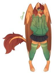 Size: 813x1087 | Tagged: safe, artist:trashpanda czar, derpibooru import, oc, oc only, oc:pumpkin spice, anthro, hybrid, unguligrade anthro, clothes, cloven hooves, female, hoodie, horns, hybrid oc, leg warmers, long tail, simple background, skirt, solo, standing, tail, transparent background, wings