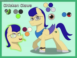 Size: 4200x3150 | Tagged: safe, artist:alejandrogmj, derpibooru import, oc, oc:alejandrogmj, oc:chicken claws, pegasus, pony, clock, clothes, cutie mark, disguise, disguised changeling, fangs, looking at you, pegasus oc, reference sheet, scarf, simple background, tongue, tongue out