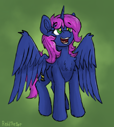 Size: 1536x1720 | Tagged: safe, artist:reddthebat, derpibooru import, oc, oc only, oc:crystal dew, alicorn, pony, fallout equestria, adorable face, artificial alicorn, blue coat, chest fluff, cute, green background, green eyes, magenta mane, simple background, smol, solo, story:fallout equestria - to bellenast