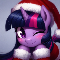 Size: 2048x2048 | Tagged: safe, ai content, derpibooru import, generator:bing image creator, machine learning generated, twilight sparkle, pony, unicorn, g4, christmas, clothes, costume, hat, holiday, one eye closed, santa costume, santa hat, solo, wink