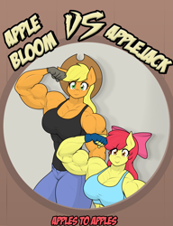 Size: 2281x2970 | Tagged: safe, artist:matchstickman, derpibooru import, apple bloom, applejack, anthro, earth pony, g4, abs, apple bloom's bow, apple bloomed, apple brawn, apple sisters, applejack's hat, applejacked, applerack, bicep flex, biceps, bow, breasts, clothes, comic cover, cowboy hat, deltoids, duo, female, flexing, gloves, hair bow, hat, looking at you, mare, matchstickman's apple brawn series, muscles, muscular female, older, older apple bloom, pecs, siblings, sisters, triceps, tumblr:where the apple blossoms