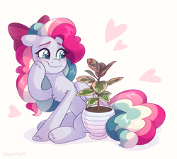 Size: 2205x1985 | Tagged: safe, artist:skysorbett, derpibooru import, oc, oc only, oc:sky sorbet, pegasus, pony, bow, chest fluff, curly hair, curly mane, cute, female, ficus, flower pot, hair bow, heart, mare, multicolored hair, multicolored mane, ocbetes, pegasus oc, plant, pleased, simple background, sitting, smiling, solo, white background