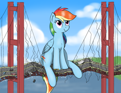 Size: 2072x1599 | Tagged: safe, artist:qkersnll, derpibooru import, rainbow dash, pegasus, pony, g4, behaving like a bird, bridge, california, car, destruction, female, giant pony, giantess, macro, mare, san francisco, sitting, solo, vehicle