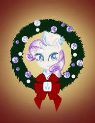 Size: 2550x3300 | Tagged: safe, artist:flutterluv, derpibooru import, part of a set, rarity, pony, unicorn, g4, bust, christmas, christmas wreath, gradient background, hat, holiday, portrait, smiling, solo, wreath