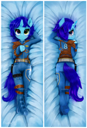 Size: 1226x1800 | Tagged: safe, artist:darksly, derpibooru import, oc, oc only, oc:windows 8, semi-anthro, unicorn, blushing, body pillow, body pillow design, clothes, female, heterochromia, horn, looking at you, looking back, looking back at you, looking over shoulder, lying down, mare, on back, prone, smiling, smiling at you, solo, unicorn oc, uniform, vault suit