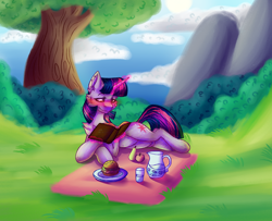 Size: 2000x1623 | Tagged: safe, artist:black_marker, derpibooru import, twilight sparkle, unicorn twilight, pony, unicorn, g4, apple, blushing, book, burger, complex background, female, food, magic, pear, picnic, reading, solo, tree