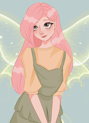 Size: 3736x5174 | Tagged: safe, artist:sanechkaa, derpibooru import, fluttershy, human, g4, alternate hairstyle, apron, blue background, clothes, cute, female, humanized, shirt, shyabetes, simple background, solo, winged humanization, wings