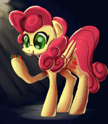 Size: 432x495 | Tagged: safe, artist:norre, derpibooru import, strawberry sunrise, pegasus, pony, g4, female, food, long legs, mare, solo, strawberry