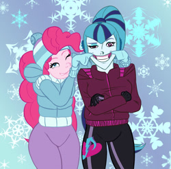 Size: 900x884 | Tagged: safe, artist:nines, derpibooru import, pinkie pie, sonata dusk, human, equestria girls, g4, rainbow rocks, clothes, female, lesbian, pinata, shipping, when she doesn't smile, winter outfit