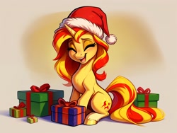 Size: 1920x1440 | Tagged: safe, ai content, derpibooru import, generator:easyfluff v11.2, machine learning generated, sunset shimmer, pony, unicorn, g4, christmas, cute, eyes closed, female, happy, hat, holiday, hooves, mare, open mouth, open smile, present, prompter:siber, santa hat, shimmerbetes, sitting, smiling, solo