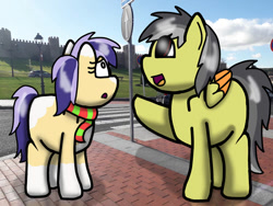 Size: 749x562 | Tagged: safe, artist:foxfer64_yt, derpibooru import, oc, oc only, oc:thunder (fl), oc:twostep, earth pony, pegasus, pony, clothes, confused, duo, empire, happy, looking up, pointing, scarf, spain, talking, three quarter view, tower, wall