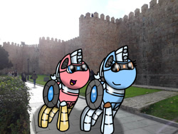 Size: 749x562 | Tagged: safe, artist:foxfer64_yt, derpibooru import, oc, oc only, oc:silverstream (robot pony), oc:trackhead, human, amazed, city, day, duo, happy, looking up, park, siblings, spain, walking