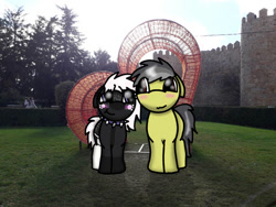 Size: 749x562 | Tagged: safe, artist:foxfer64_yt, derpibooru import, oc, oc:onyxstar (fl), oc:thunder (fl), pegasus, pony, couple, cute, duo, ears back, grass, grass field, heart, looking at each other, looking at someone, love, park, shipping, smiling, spain, tree