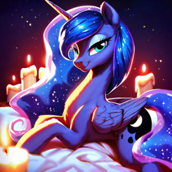 Size: 4096x4096 | Tagged: safe, ai content, derpibooru import, generator:purplesmart.ai, generator:stable diffusion, machine learning generated, princess luna, alicorn, pony, g4, absurd resolution, backlighting, bed, blue fur, candle, candlelight, cute, ethereal mane, female, generator:ponydiffusion, lidded eyes, looking at you, lying down, mare, night, on bed, prompter:paajbach, smiling, smiling at you, solo, starry night, stars, wings