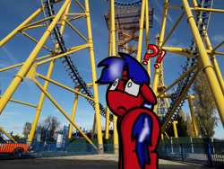 Size: 749x562 | Tagged: safe, artist:foxfer64_yt, derpibooru import, oc, oc only, oc:royal blues, alicorn, pony, butt, confused, day, ears back, looking up, photo, roller coaster, solo, theme park