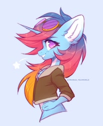 Size: 1800x2200 | Tagged: safe, artist:avroras_world, derpibooru import, oc, oc only, oc:sunset skies, anthro, unicorn, bomber jacket, clothes, female, grin, halfbody, jacket, looking at you, multicolored hair, not misty brightdawn, pale belly, profile, simple background, smiling, solo