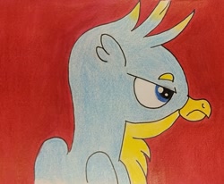 Size: 1731x1427 | Tagged: safe, artist:polar_storm, derpibooru import, gallus, griffon, g4, annoyed, blue eyes, bust, colored, red background, simple background, solo, traditional art