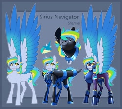 Size: 2048x1832 | Tagged: safe, artist:parrpitched, derpibooru import, oc, oc:siriusnavigator, pegasus, boots, bound wings, clothes, fireheart76's latex suit design, gloves, latex, latex boots, latex mask, latex suit, pegasus oc, prisoners of the moon, reference sheet, rubber, rubber gloves, rubber suit, shadowbolts, shoes, wings