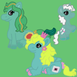 Size: 2000x2000 | Tagged: safe, artist:mintwhistle, derpibooru import, earth pony, pegasus, pony, unicorn, g1, baby, baby pony, bipedal, bow, colored hooves, crown, feathered fetlocks, female, filly, flower, flower in hair, foal, green background, jewelry, looking at someone, looking back, lying down, mare, medibang paint, mirror mirror, multicolored mane, newborn, princess, princess pristina, regalia, royalty, side view, simple background, sitting, smiling, tail, tail bow, trio, trio female, unshorn fetlocks, wiggles