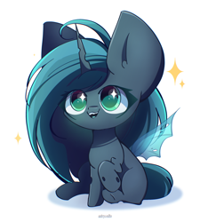 Size: 2250x2500 | Tagged: source needed, safe, artist:miryelis, derpibooru import, queen chrysalis, changeling, changeling queen, g4, big ears, big eyes, chibi, cute, ears, female, long hair, mare, signature, simple background, sitting, smiling, solo, sparkles, white background, wings