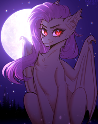 Size: 2497x3158 | Tagged: safe, artist:enderbee, derpibooru import, fluttershy, bat pony, pony, g4, bat ponified, bat wings, colored sketch, ear fluff, ears, female, flutterbat, mare, moon, race swap, red eyes, sketch, sky, solo, stars, wings