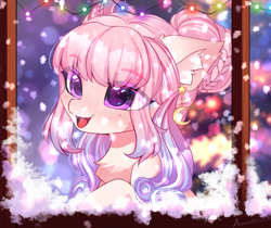 Size: 3594x3014 | Tagged: safe, alternate version, artist:airiniblock, derpibooru import, oc, oc only, earth pony, pegasus, pony, alternate character, big ears, chest fluff, christmas, christmas lights, collar, cute, ear fluff, ears, eye clipping through hair, eyebrows, eyebrows visible through hair, female, hat, high res, holiday, mare, open mouth, open smile, pegasus oc, santa hat, smiling, snow, snowfall, solo, teeth, window, winter