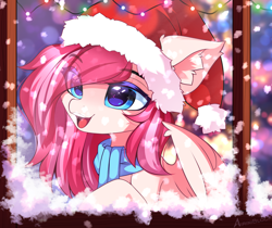 Size: 3594x3014 | Tagged: safe, alternate version, artist:airiniblock, derpibooru import, oc, oc only, earth pony, pegasus, pony, alternate character, big ears, chest fluff, christmas, christmas lights, clothes, collar, cute, ear fluff, ears, eye clipping through hair, eyebrows, eyebrows visible through hair, female, hat, high res, holiday, mare, open mouth, open smile, pegasus oc, santa hat, scarf, smiling, snow, snowfall, solo, teeth, window, winter