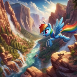 Size: 1024x1024 | Tagged: safe, ai content, derpibooru import, rainbow dash, pegasus, pony, g4, boat, flying, generator:dall-e, nature, open mouth, open smile, river, scenery, smiling, solo, valley, water, waterfall