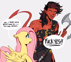 Size: 2300x2000 | Tagged: safe, artist:slasharu, derpibooru import, fluttershy, pegasus, g4, axe, baldur's gate, dialogue, excited, female, i think we're gonna have to kill this guy, imminent murder, karlach, mare, meme, simple background, subverted meme, tiefling, vulgar, weapon