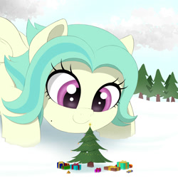 Size: 2000x2000 | Tagged: safe, artist:arediejie, derpibooru import, oc, oc:lustrebeam, pegasus, chibi, christmas, christmas tree, eyelashes, holiday, looking down, macro, magenta eyes, mole, ornament, pegasus oc, present, snow, teal hair, tree