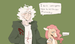 Size: 1985x1178 | Tagged: safe, artist:deepforestdarling, derpibooru import, fluttershy, human, pegasus, pony, g4, crossover, danganronpa, danganronpa 2, i think we're gonna have to kill this guy, meme, nagito komaeda