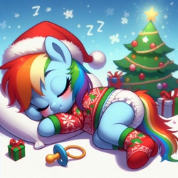 Size: 1024x1024 | Tagged: safe, ai content, derpibooru import, generator:bing image creator, machine learning generated, rainbow dash, pony, g4, baby, baby pony, blushing, christmas, christmas sweater, christmas tree, clothes, diaper, foal, hat, holiday, pacifier, santa hat, socks, sweater, tree