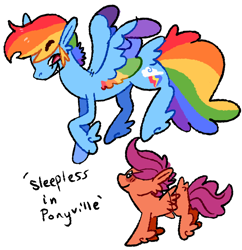 Size: 1280x1324 | Tagged: safe, artist:goatpaste, derpibooru import, rainbow dash, scootaloo, pegasus, pony, sleepless in ponyville, duo, simple background, white background