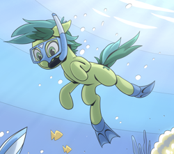 Size: 934x824 | Tagged: safe, artist:mysticalpha, derpibooru import, edit, sandbar, earth pony, fish, pony, g4, belly, colored, crepuscular rays, cropped, flippers (gear), snorkel, solo, swimming, underwater, water