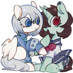 Size: 2560x2560 | Tagged: safe, artist:metaruscarlet, derpibooru import, oc, oc only, oc:becky moonlight, oc:rebecca, pegasus, pony, unicorn, 2024 community collab, clothes, derpibooru community collaboration, female, horn, jewelry, lying down, open mouth, sailor uniform, simple background, transparent background, unicorn oc, uniform