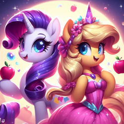 Size: 1024x1024 | Tagged: safe, ai content, derpibooru import, machine learning generated, applejack, rarity, earth pony, pony, semi-anthro, unicorn, apple, applejack also dresses in style, clothes, cute, dress, duo, female, food, jackabetes, jewelry, mare, prompter:bigfanbud123, raribetes, smiling, tiara