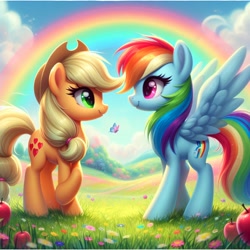 Size: 1024x1024 | Tagged: safe, ai content, derpibooru import, machine learning generated, applejack, rainbow dash, earth pony, pegasus, pony, appledash, female, lesbian, mare, prompter:meshari7, rainbow, shipping