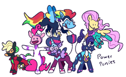 Size: 1280x781 | Tagged: safe, artist:goatpaste, derpibooru import, applejack, fili-second, fluttershy, masked matter-horn, mistress marevelous, pinkie pie, radiance, rainbow dash, rarity, saddle rager, twilight sparkle, twilight sparkle (alicorn), zapp, alicorn, earth pony, pegasus, pony, unicorn, power ponies (episode), power ponies, simple background, white background