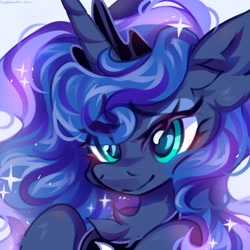 Size: 2560x2560 | Tagged: safe, artist:vanilla-chan, artist:vanilla_sweety, derpibooru import, princess luna, alicorn, pony, g4, blushing, chest fluff, crown, cute, ear fluff, ears, eye clipping through hair, eyebrows, eyebrows visible through hair, female, high res, horn, jewelry, lunabetes, mare, regalia, simple background, smiling, solo, sparkles, white background