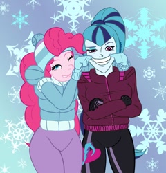 Size: 842x878 | Tagged: safe, artist:nines, derpibooru import, pinkie pie, sonata dusk, human, equestria girls, g4, rainbow rocks, clothes, female, lesbian, pinata, shipping, when she doesn't smile, winter outfit